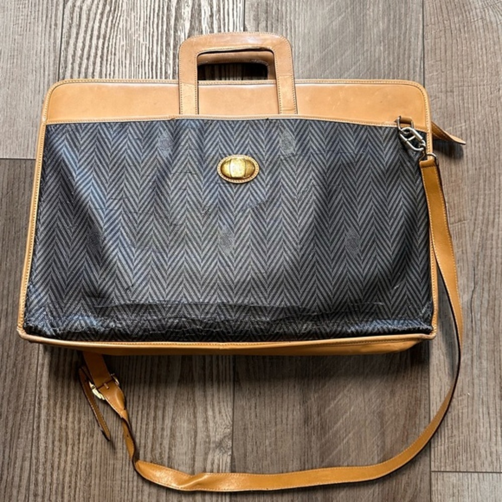 Vintage Mark Cross Italian leather Herringbone logo briefcase bag chevron print